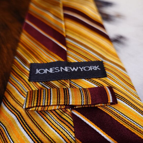 Jones New York Burgandy, Gold, Orange, Silver Striped Silk Tie - Picture 3 of 4